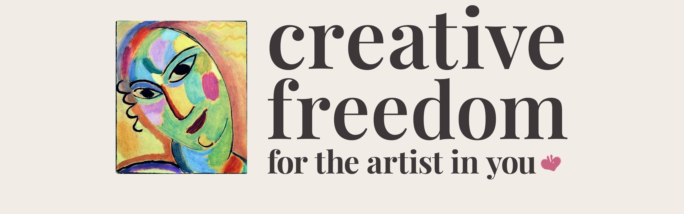 Creative Freedom for the artist in you logo with Mystical Head painting and little pink heart